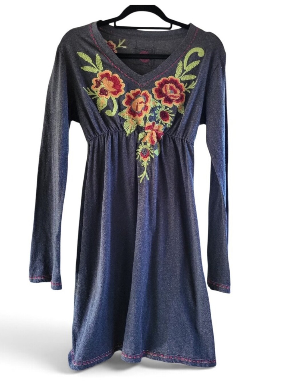 Double D Ranch Charcoal Long-Sleeve Dress with Red & Green Floral Embroidery
